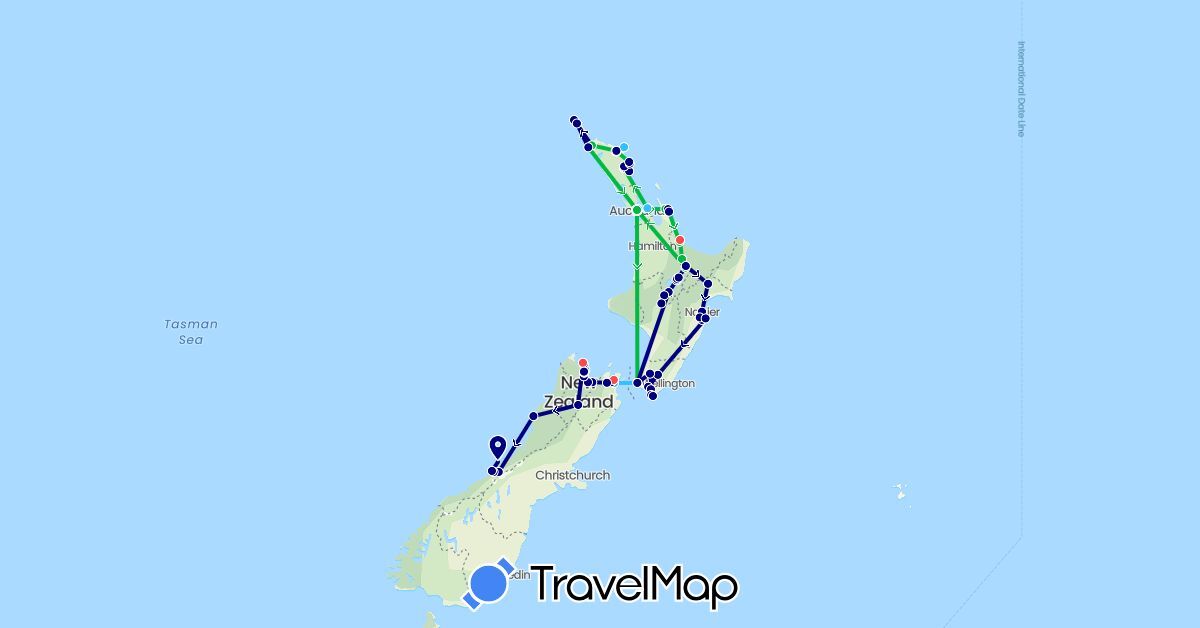 TravelMap itinerary: driving, bus, plane, hiking, boat in New Zealand (Oceania)